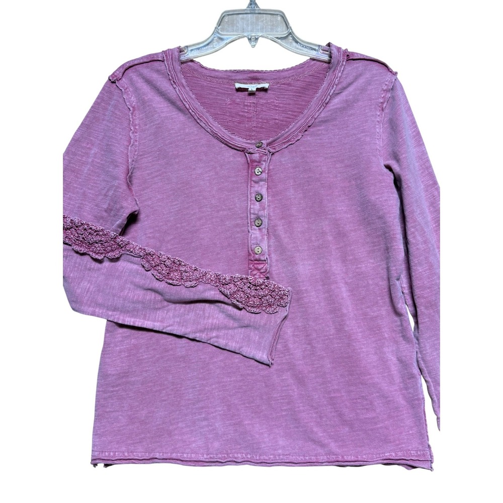 Weyerhaeuser Womens Mauve Slub Knit Henley Top Crochet Lace Sleeve Duck Logo